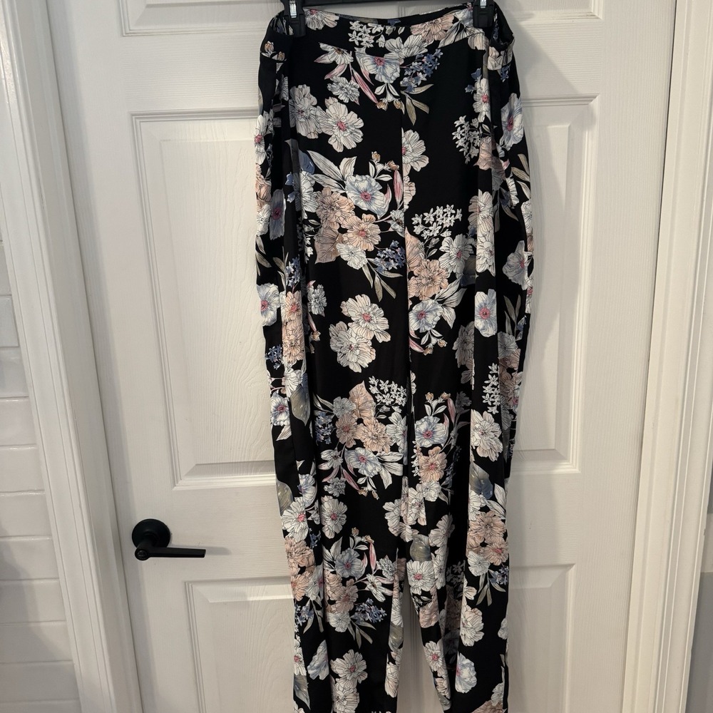 Missguided Wide Leg Pants Women's Plus Sz 16 Black Floral Liquid Flowy Side Zip